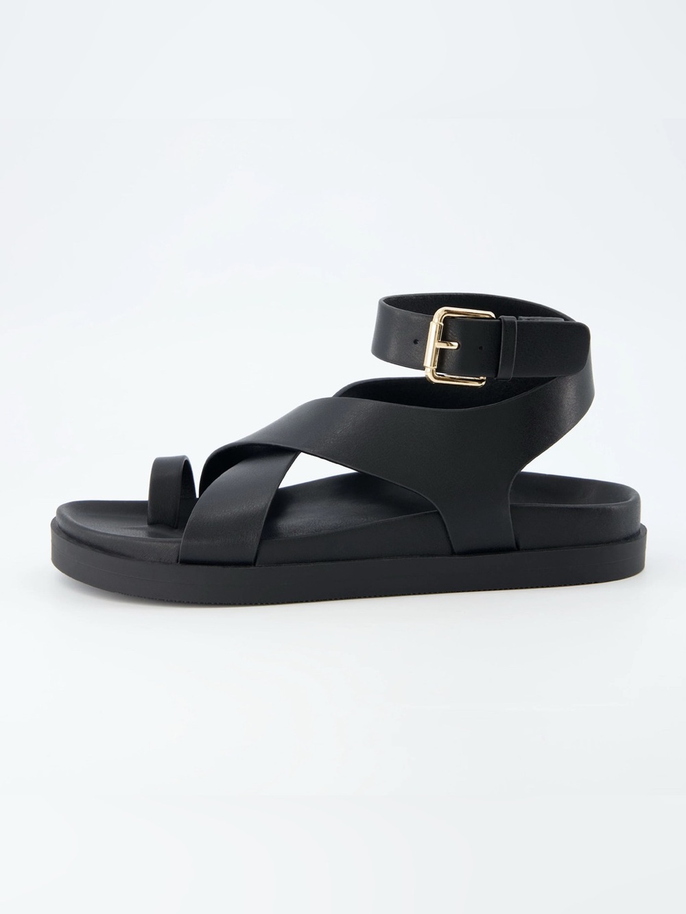 Cushionaire Entry Black Footbed Sandals vegan leather toe loop gold buckle 11W